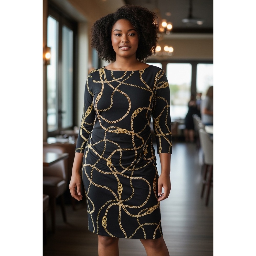 Lauren Ralph Lauren Chain Print Sheath Dress Black Gold 20W 3/4 Sleeve Ruching